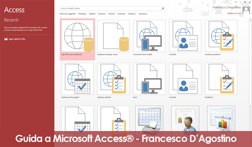 Come si presenta la schermata di Microsoft Access 2013 all'apertura del programma.